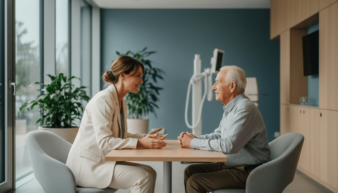 Doctor in a bright Swiss clinic, fully focused on an elderly patient instead of a computer