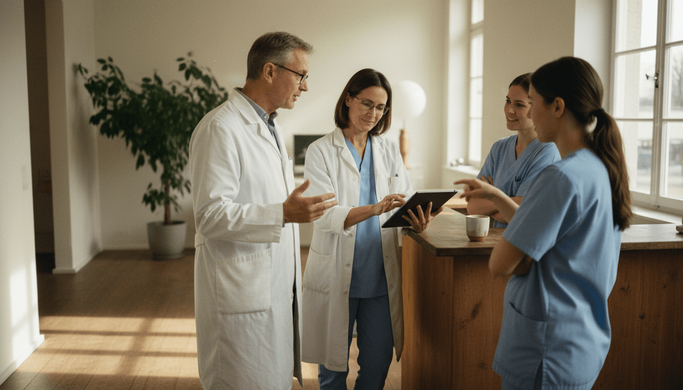 A diverse medical practice team of doctors and medical assistants talking together in the reception area of a modern Swiss clinic