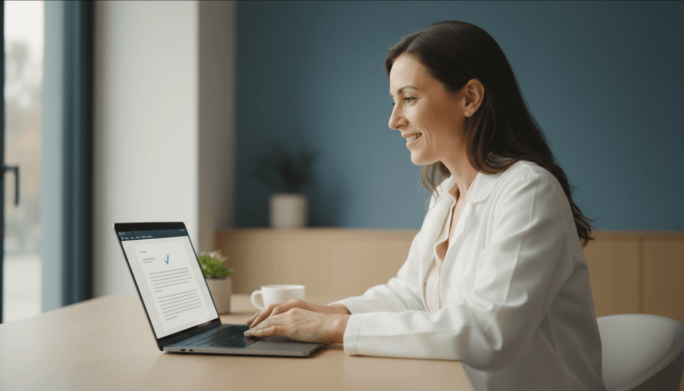 Doctor smiling while reviewing a finished document on a laptop in a bright modern practice