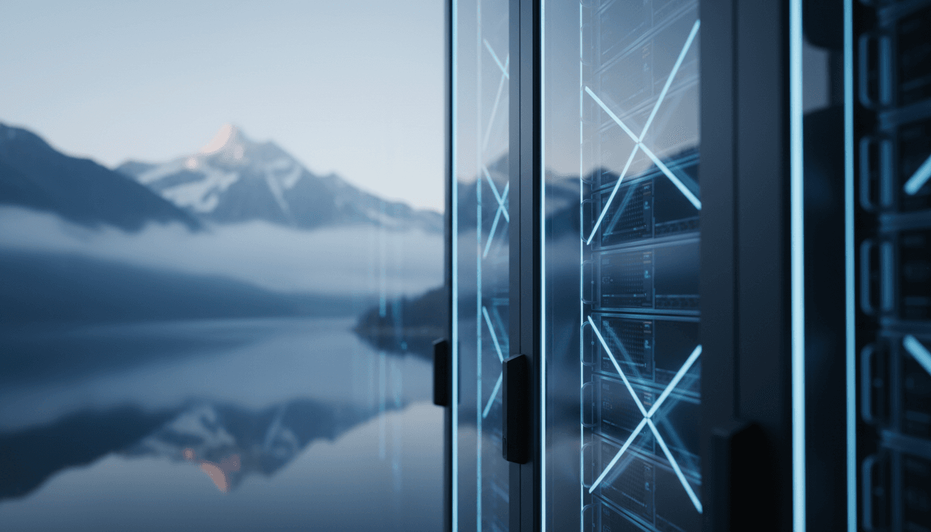 A secure data centre server rack with cool blue lights, mirrored against a calm Swiss alpine lake and snow-capped mountains at dawn